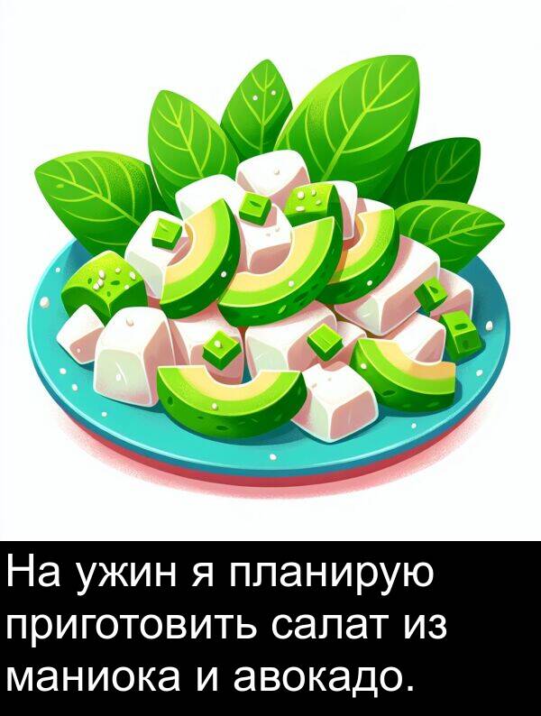 ужин: На ужин я планирую приготовить салат из маниока и авокадо.