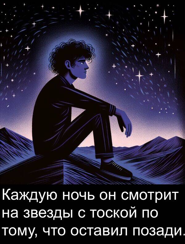 звезды: Каждую ночь он смотрит на звезды с тоской по тому, что оставил позади.