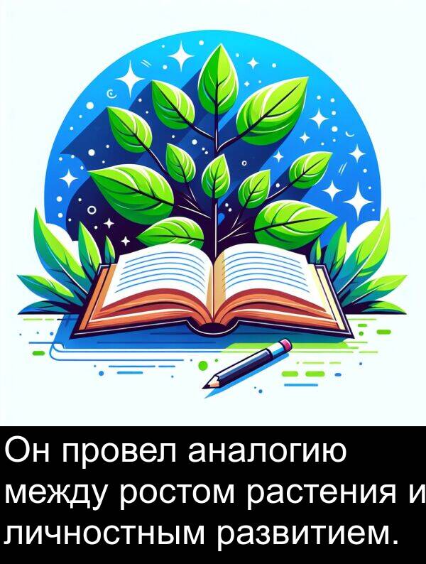 между: Он провел аналогию между ростом растения и личностным развитием.