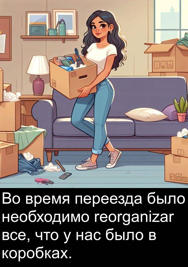 переезда: Во время переезда было необходимо reorganizar все, что у нас было в коробках.