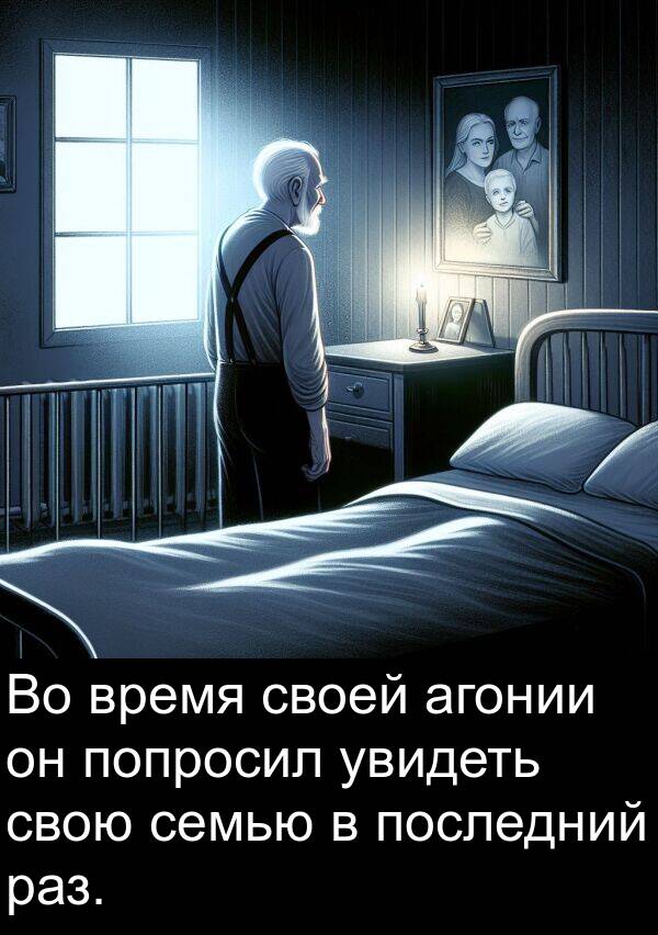 агонии: Во время своей агонии он попросил увидеть свою семью в последний раз.