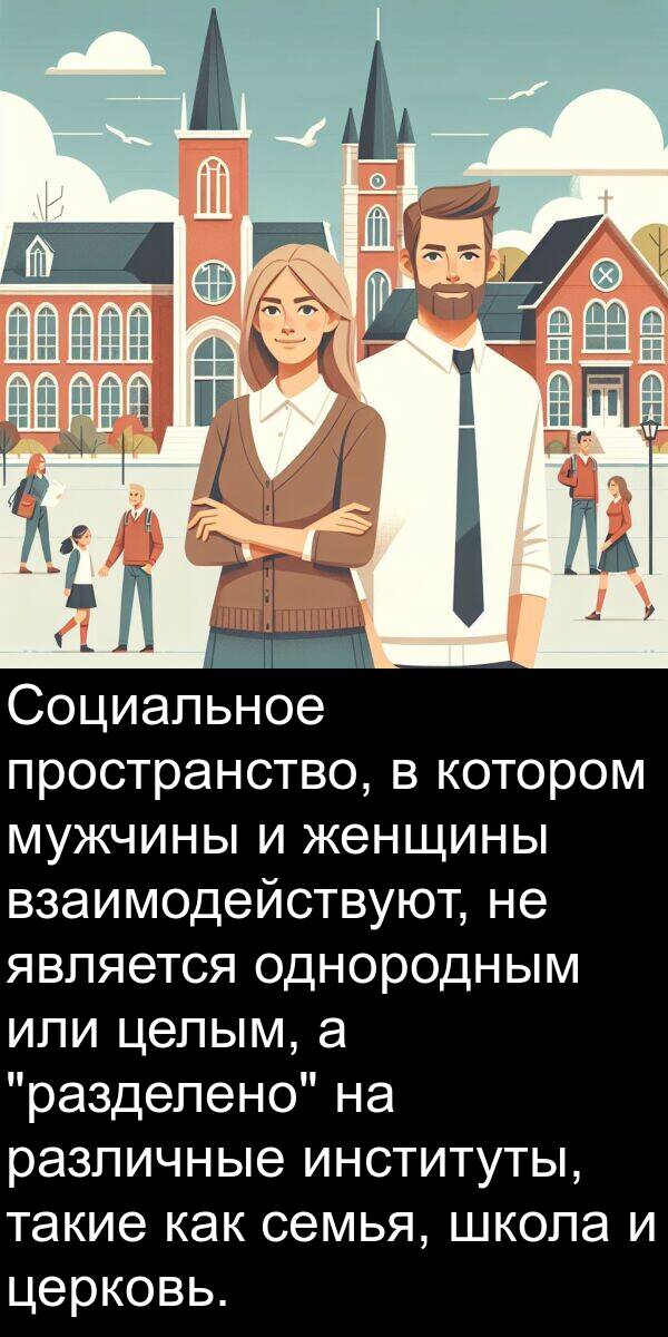 или: Социальное пространство, в котором мужчины и женщины взаимодействуют, не является однородным или целым, а "разделено" на различные институты, такие как семья, школа и церковь.