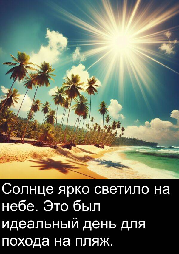 светило: Солнце ярко светило на небе. Это был идеальный день для похода на пляж.