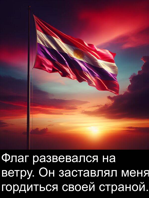 ветру: Флаг развевался на ветру. Он заставлял меня гордиться своей страной.