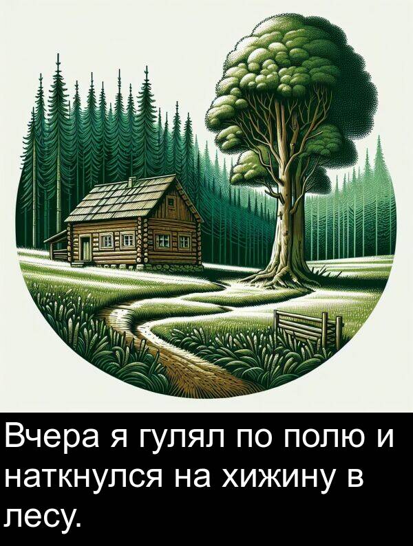 лесу: Вчера я гулял по полю и наткнулся на хижину в лесу.