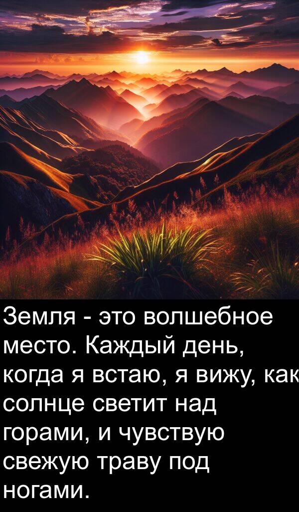 траву: Земля - это волшебное место. Каждый день, когда я встаю, я вижу, как солнце светит над горами, и чувствую свежую траву под ногами.