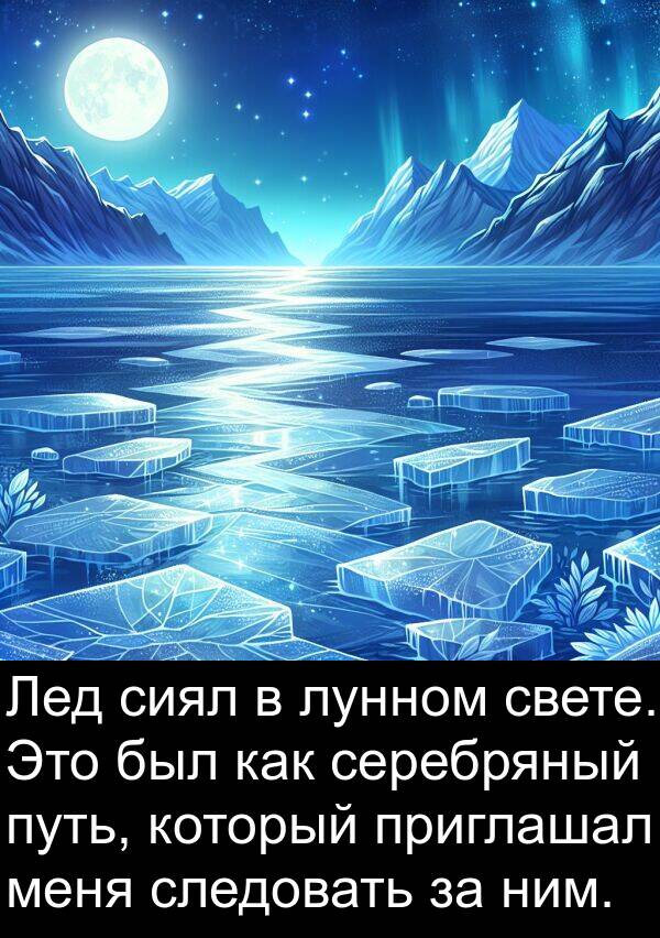 путь: Лед сиял в лунном свете. Это был как серебряный путь, который приглашал меня следовать за ним.