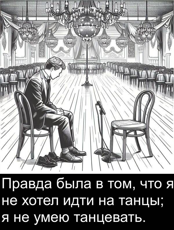 хотел: Правда была в том, что я не хотел идти на танцы; я не умею танцевать.