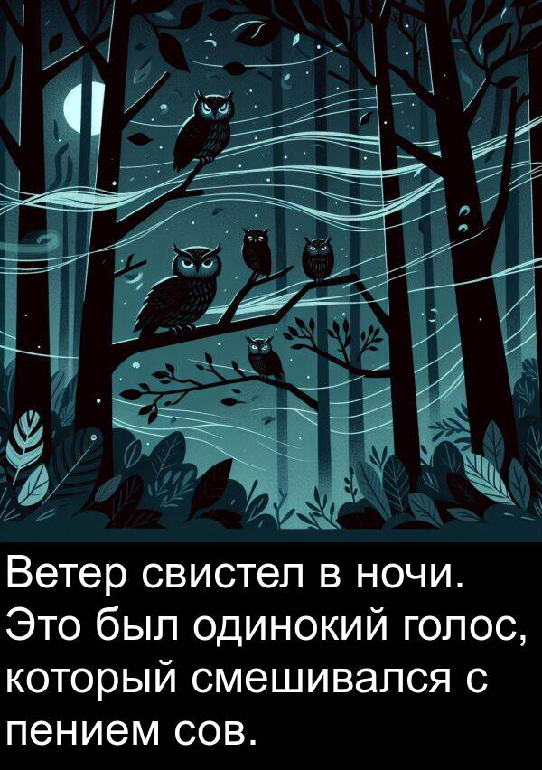 голос: Ветер свистел в ночи. Это был одинокий голос, который смешивался с пением сов.