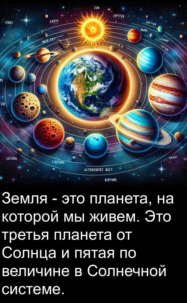 живем: Земля - это планета, на которой мы живем. Это третья планета от Солнца и пятая по величине в Солнечной системе.