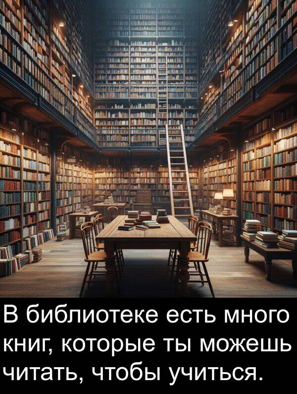 читать: В библиотеке есть много книг, которые ты можешь читать, чтобы учиться.