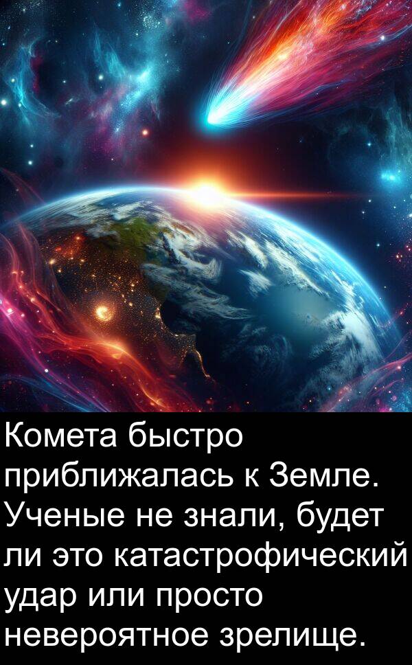 или: Комета быстро приближалась к Земле. Ученые не знали, будет ли это катастрофический удар или просто невероятное зрелище.