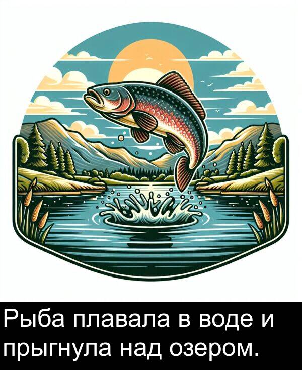 над: Рыба плавала в воде и прыгнула над озером.