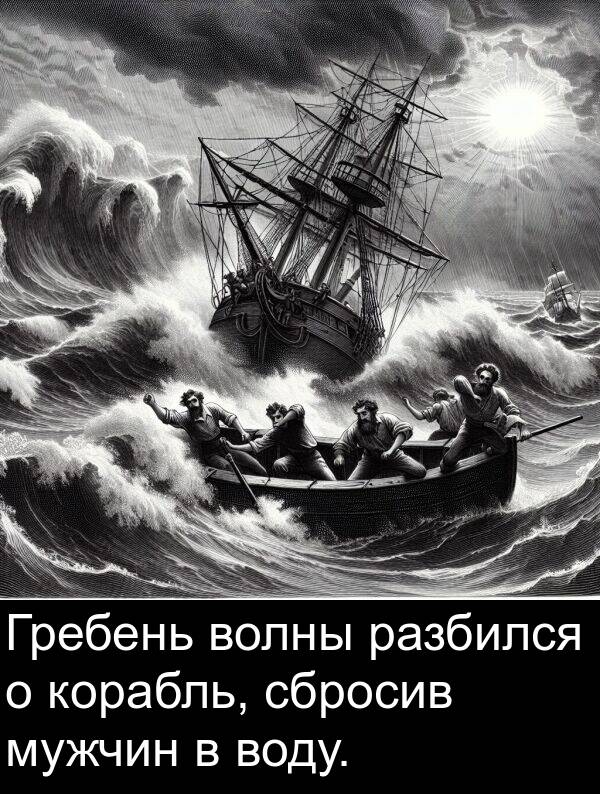 воду: Гребень волны разбился о корабль, сбросив мужчин в воду.