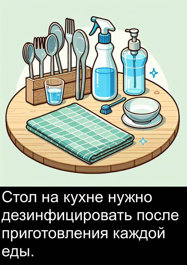 каждой: Стол на кухне нужно дезинфицировать после приготовления каждой еды.