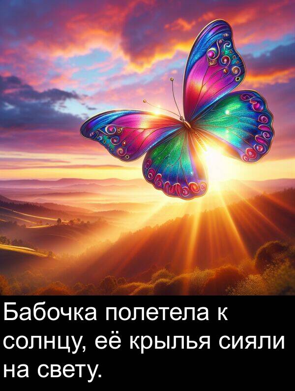 свету: Бабочка полетела к солнцу, её крылья сияли на свету.