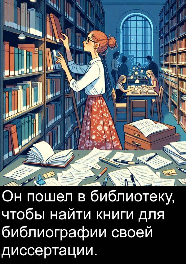 библиотеку: Он пошел в библиотеку, чтобы найти книги для библиографии своей диссертации.