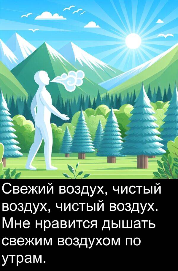 свежим: Свежий воздух, чистый воздух, чистый воздух. Мне нравится дышать свежим воздухом по утрам.