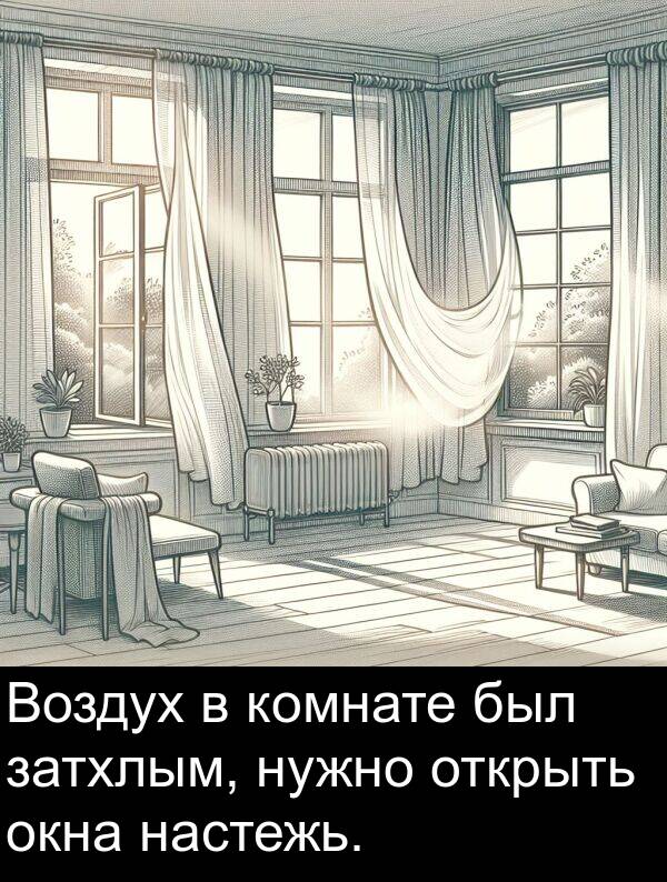 комнате: Воздух в комнате был затхлым, нужно открыть окна настежь.