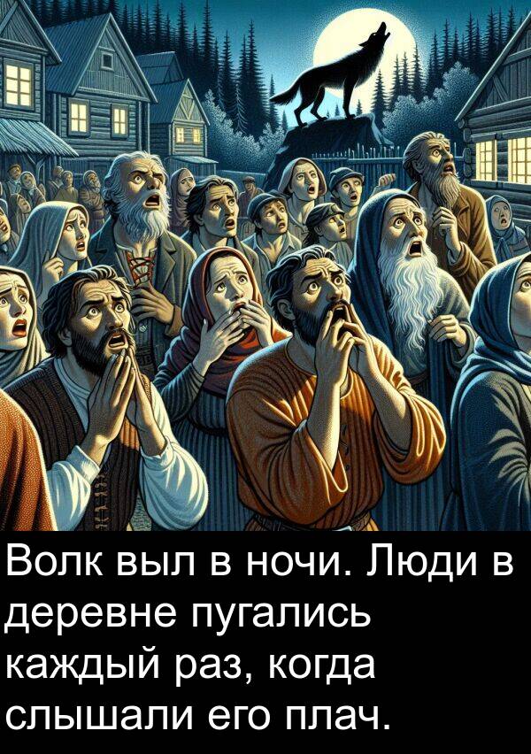 деревне: Волк выл в ночи. Люди в деревне пугались каждый раз, когда слышали его плач.