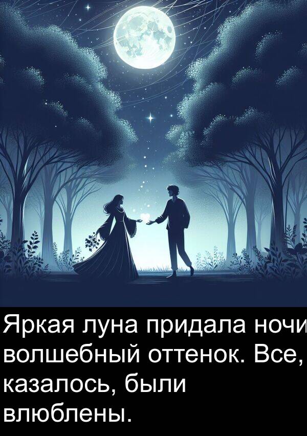 казалось: Яркая луна придала ночи волшебный оттенок. Все, казалось, были влюблены.