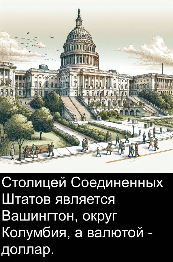 валютой: Столицей Соединенных Штатов является Вашингтон, округ Колумбия, а валютой - доллар.