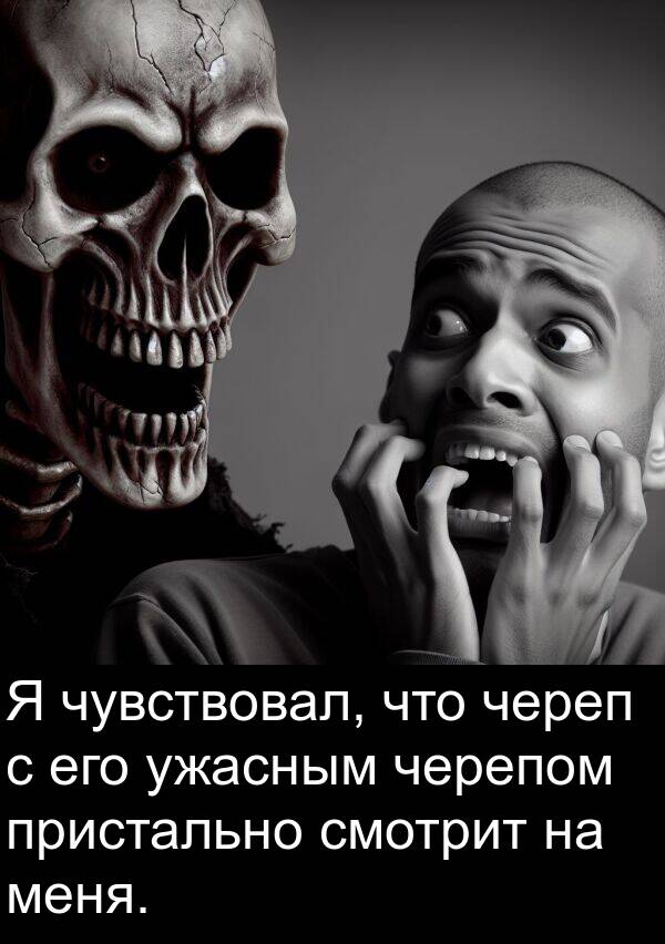 смотрит: Я чувствовал, что череп с его ужасным черепом пристально смотрит на меня.