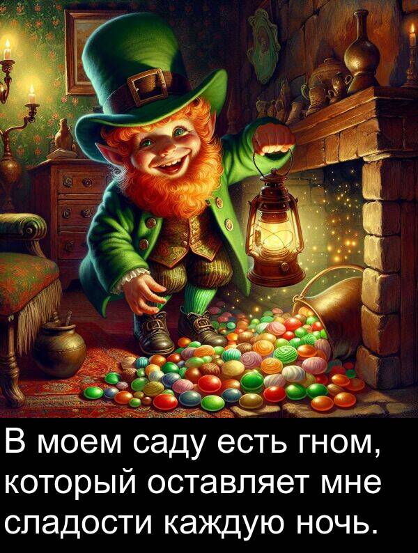 сладости: В моем саду есть гном, который оставляет мне сладости каждую ночь.