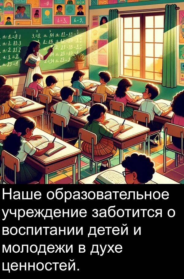 заботится: Наше образовательное учреждение заботится о воспитании детей и молодежи в духе ценностей.