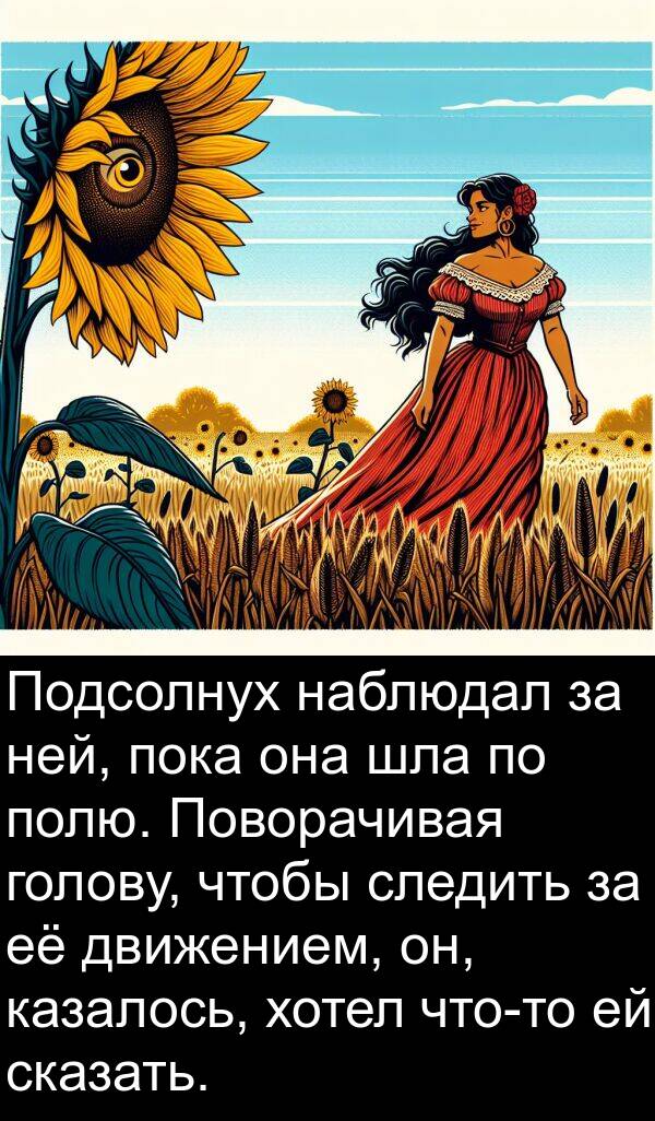 хотел: Подсолнух наблюдал за ней, пока она шла по полю. Поворачивая голову, чтобы следить за её движением, он, казалось, хотел что-то ей сказать.