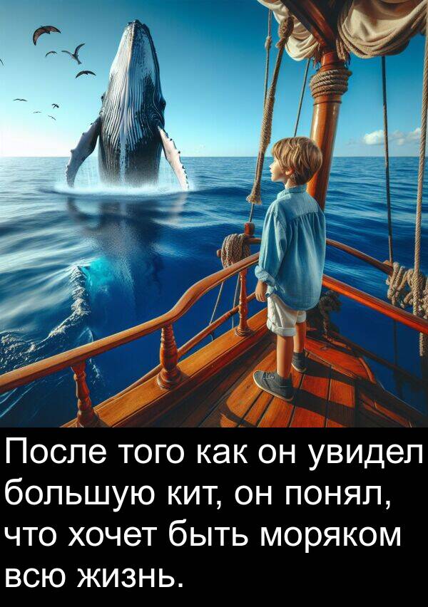 хочет: После того как он увидел большую кит, он понял, что хочет быть моряком всю жизнь.