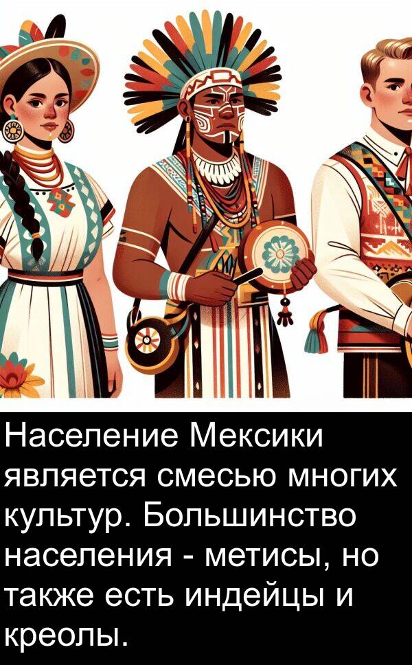 также: Население Мексики является смесью многих культур. Большинство населения - метисы, но также есть индейцы и креолы.