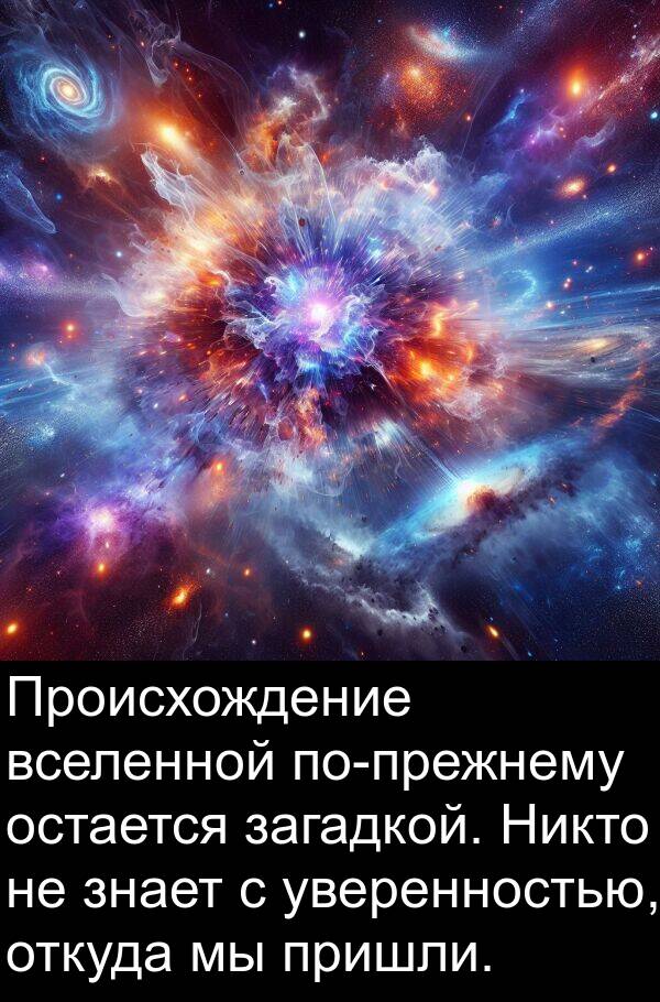 уверенностью: Происхождение вселенной по-прежнему остается загадкой. Никто не знает с уверенностью, откуда мы пришли.