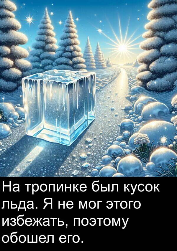 тропинке: На тропинке был кусок льда. Я не мог этого избежать, поэтому обошел его.