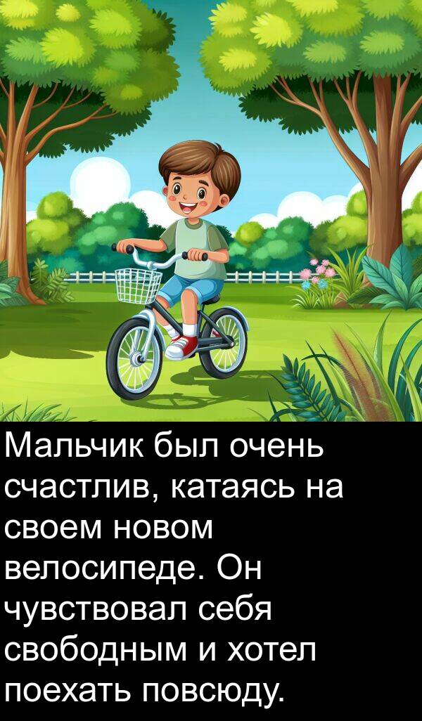 хотел: Мальчик был очень счастлив, катаясь на своем новом велосипеде. Он чувствовал себя свободным и хотел поехать повсюду.