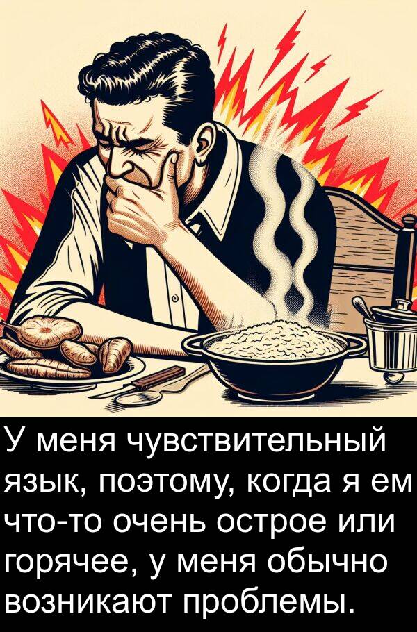 или: У меня чувствительный язык, поэтому, когда я ем что-то очень острое или горячее, у меня обычно возникают проблемы.