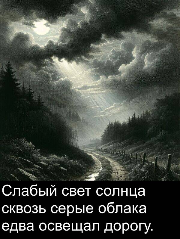 едва: Слабый свет солнца сквозь серые облака едва освещал дорогу.