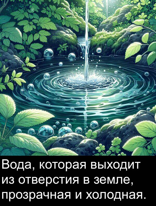 холодная: Вода, которая выходит из отверстия в земле, прозрачная и холодная.