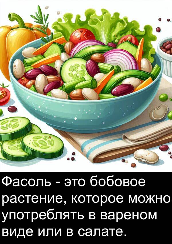 или: Фасоль - это бобовое растение, которое можно употреблять в вареном виде или в салате.