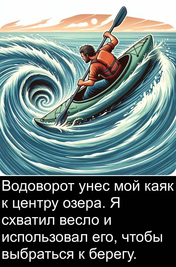 берегу: Водоворот унес мой каяк к центру озера. Я схватил весло и использовал его, чтобы выбраться к берегу.