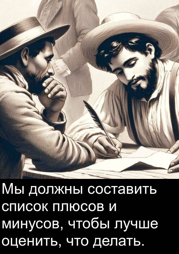 делать: Мы должны составить список плюсов и минусов, чтобы лучше оценить, что делать.