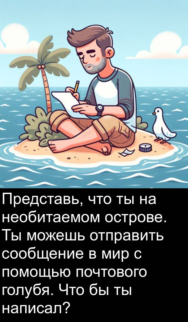 написал: Представь, что ты на необитаемом острове. Ты можешь отправить сообщение в мир с помощью почтового голубя. Что бы ты написал?