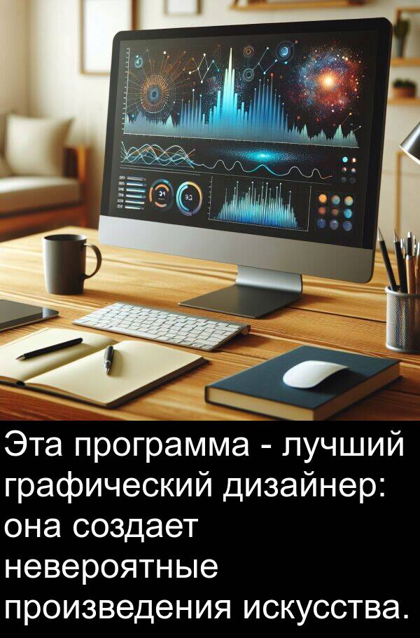 создает: Эта программа - лучший графический дизайнер: она создает невероятные произведения искусства.