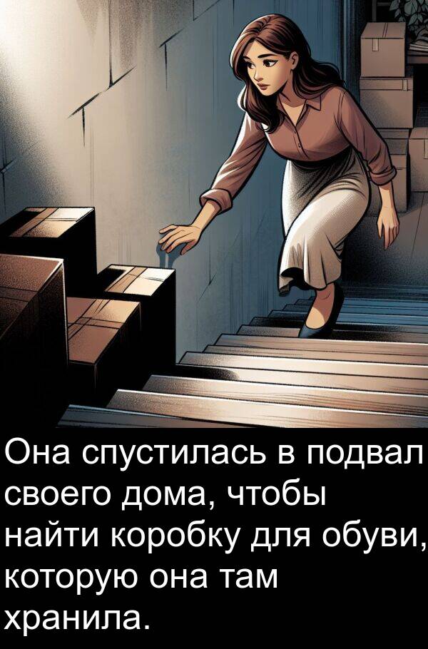 хранила: Она спустилась в подвал своего дома, чтобы найти коробку для обуви, которую она там хранила.