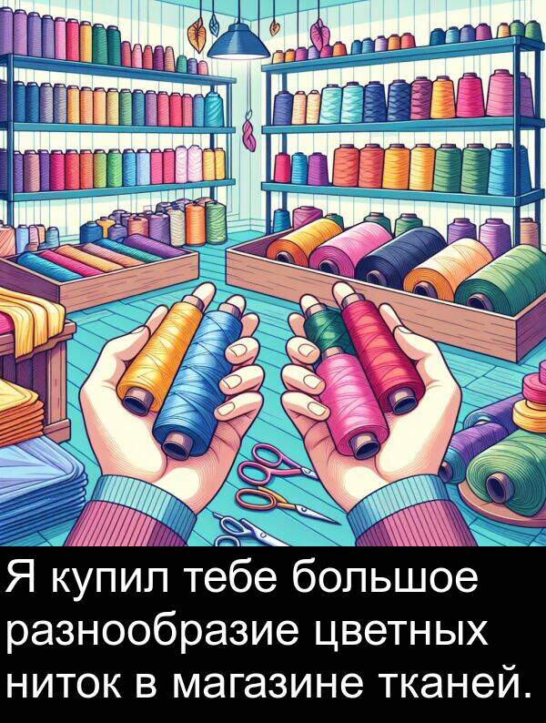 цветных: Я купил тебе большое разнообразие цветных ниток в магазине тканей.