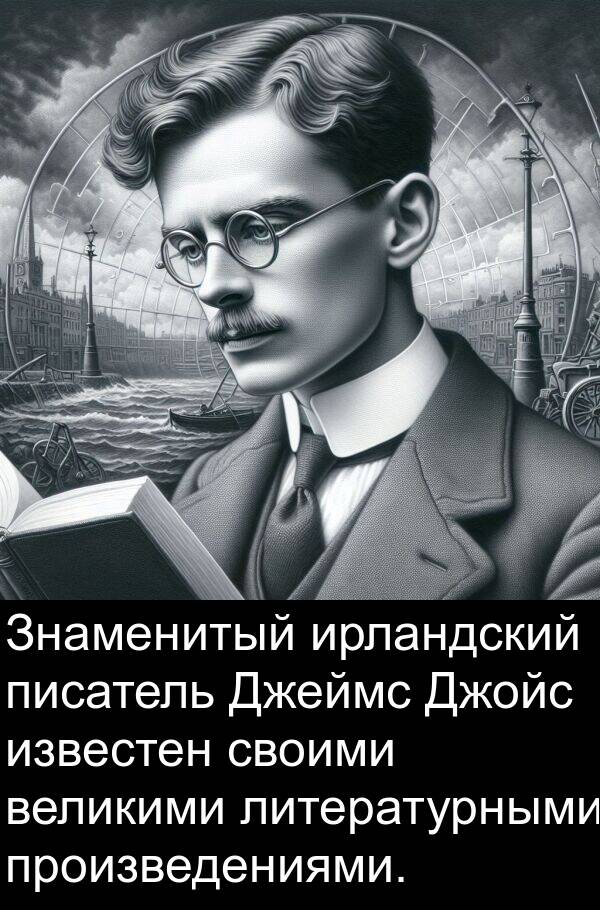 известен: Знаменитый ирландский писатель Джеймс Джойс известен своими великими литературными произведениями.