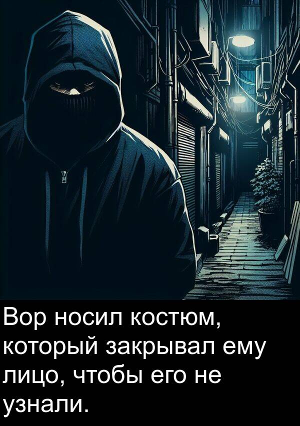 закрывал: Вор носил костюм, который закрывал ему лицо, чтобы его не узнали.