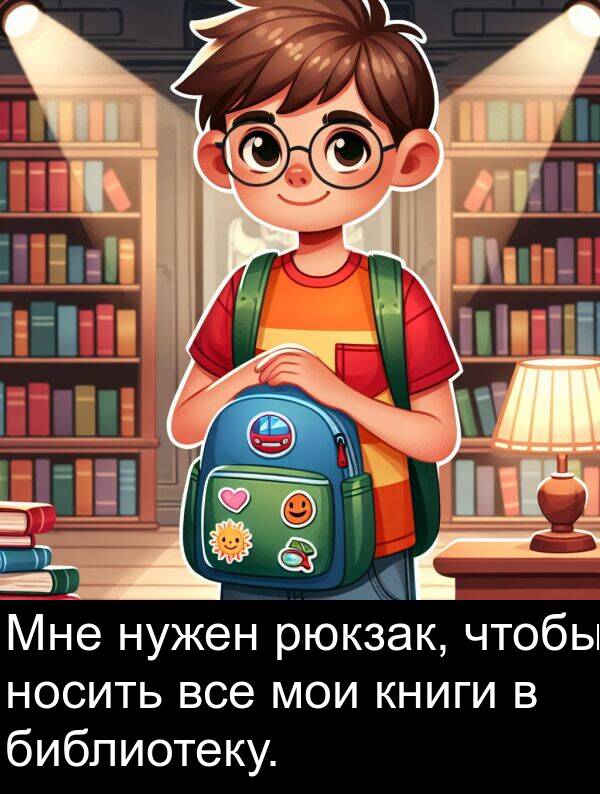 библиотеку: Мне нужен рюкзак, чтобы носить все мои книги в библиотеку.