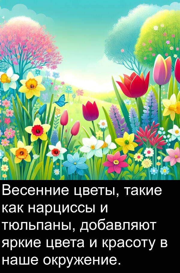 цветы: Весенние цветы, такие как нарциссы и тюльпаны, добавляют яркие цвета и красоту в наше окружение.