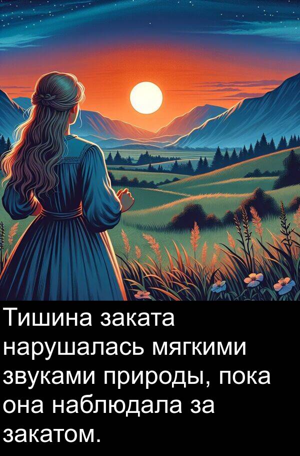 заката: Тишина заката нарушалась мягкими звуками природы, пока она наблюдала за закатом.